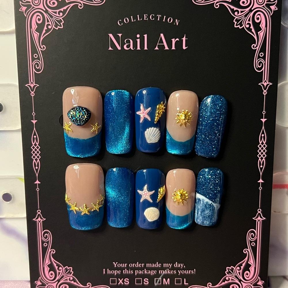 Mermaid Press On Nails Blue Ocean Seashell Starfish Summer Beach Set